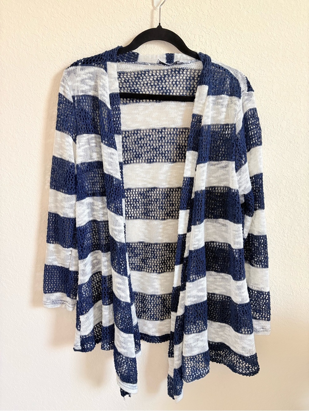 Retro Threads Wm L Navy Blue White Striped Open Knit Cardigan Sweater Boho Y2K